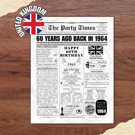 1964 Uk 60th Birthday Newspaper Print United Kingdom 60th Birthday T