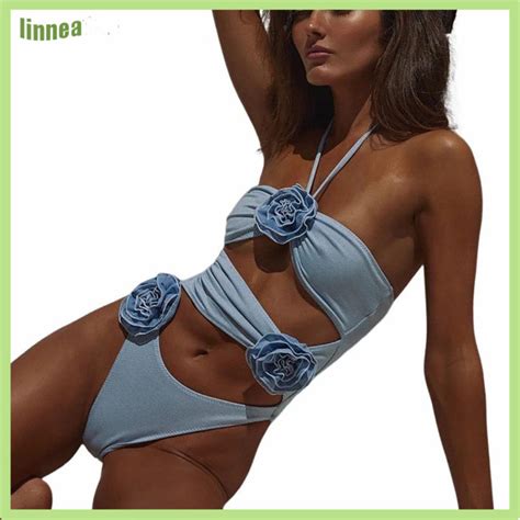 LH Women S Swimsuits Summer Halter Neck D Flower Decoration Bikini