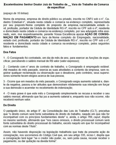 Petição Padrão para Consignação em Pagamento Trabalhista Novo CPC Lei