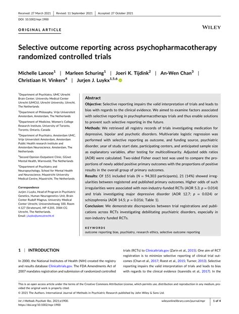 Pdf Selective Outcome Reporting Across Psychopharmacotherapy