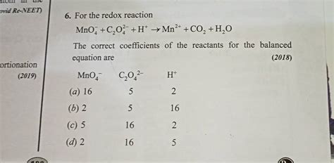 For The Redox Reactionmno C O H Mn Co H Othe Correct C