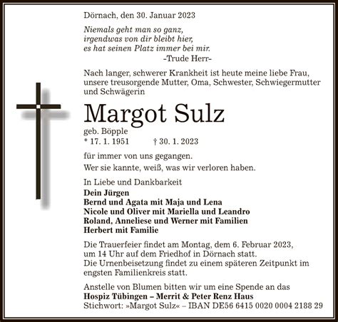 Traueranzeigen Von Margot Sulz Trauer Gea De