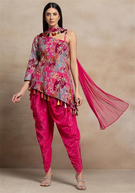 Buy Women Pink Floral Sequin Embellished Short Kurta Set With Dhoti