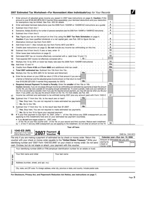 Fillable Form 1040 Es Nr 2007 Estimated Tax Worksheet For