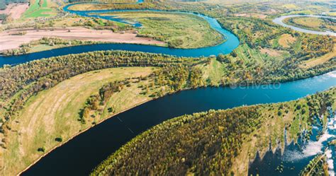 Panorama Aerial View Green Forest Woods And River Landscape In Sunny