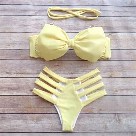 Sexy Yellow Women Bandage Bikini Top Push Up Padded Swimwear Halter