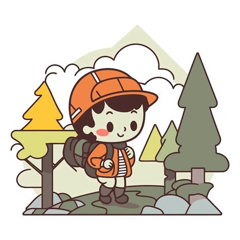 Niño explorador con una mochila y casco en el bosque Vector Premium