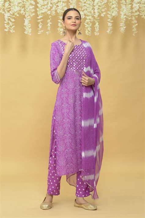 Buy Purple Rayon Printed Floral Round Neck Bandhani Kurta Set For Women