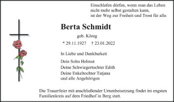 Traueranzeigen Von Berta Schmidt Schwaebische De Trauerportal