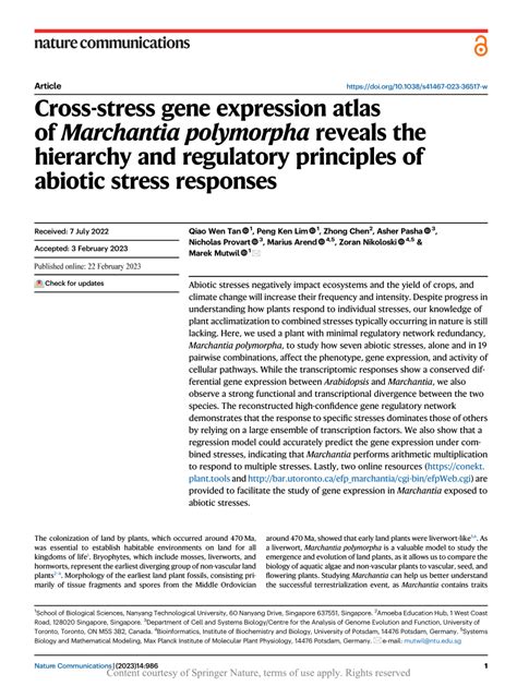 PDF Cross Stress Gene Expression Atlas Of Marchantia Polymorpha