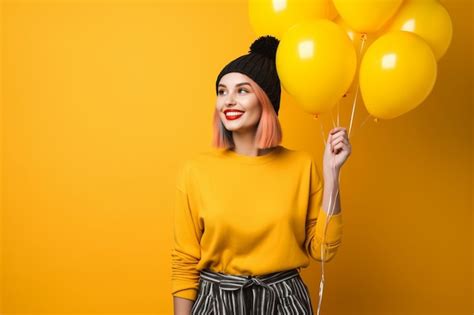 Premium AI Image | smiling stylish girl with balloons in hand on yellow background