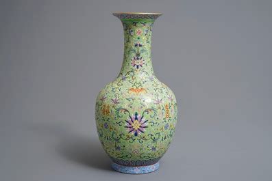 A Chinese Famille Rose Lime Green Ground Bottle Vase Jiaqing Mark And