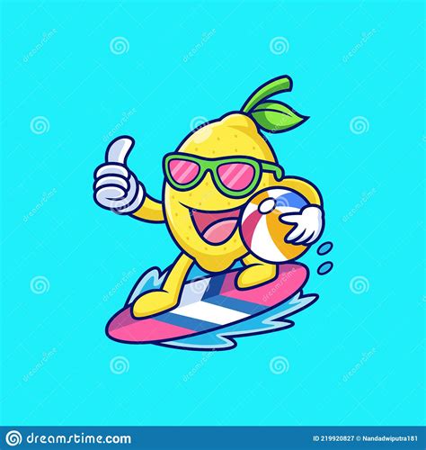 Cute Fresh Lemon Playing Surfing Cartoon Fruit Summer Vector Icon