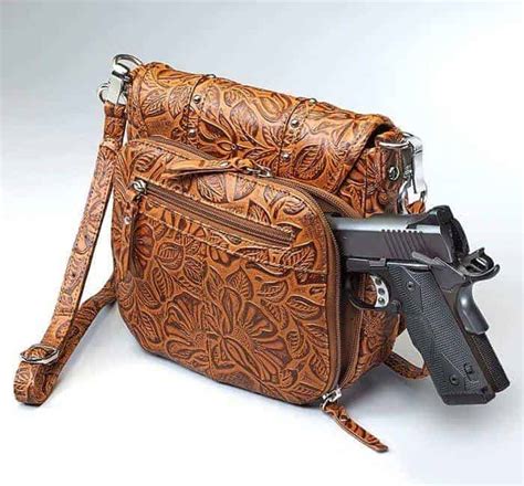 Simple Bling Tooled Leather Concealed Carry Purse 3 Colors Gun Tote