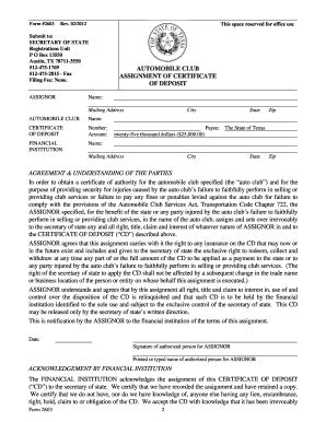 Fillable Online Sos State Tx Assignment Of Certificate Of Deposit As