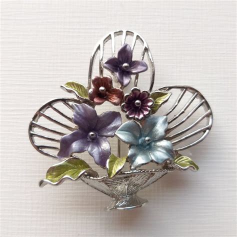 Basket Enameled Brooch With Flowers Etsy Ireland