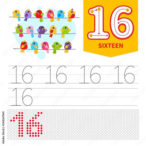 Kids learning material. Card for learning numbers. Number 16. Cartoon ...