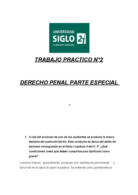 8 Tp2 Derecho Penal Parte Especial Subir Trabajo Practico N° Derecho Penal Parte Especial A