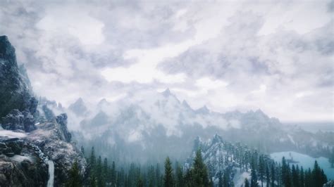 Green Pine Trees Near Mountain Alps The Elder Scrolls V Skyrim