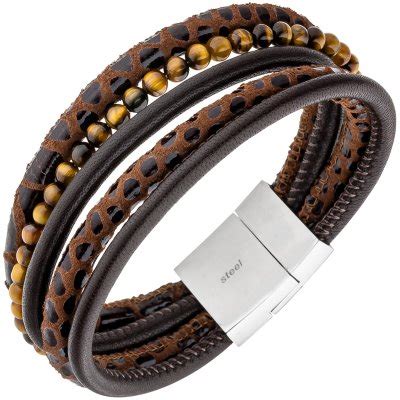 JOBO Armband 5 Reihig Leder Braun Mit Tigeraugen Kugeln Und Edelstahl