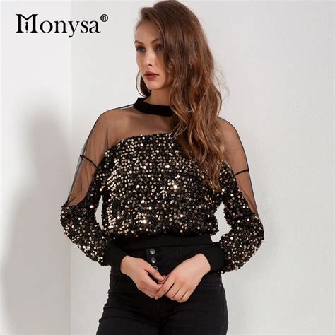 Sequin Top Women 2018 Autumn New Arrivals Fashion Long Sleeve Mesh Patchwork Blouses Ladies