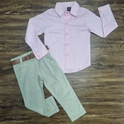 Calça Nude Jeans Camisa Social Rosa Manga Longa Infantil