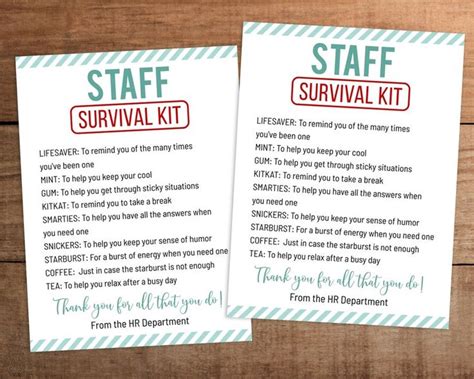 Editable Staff Survival Kit Printable Employee Appreciation T Etsy