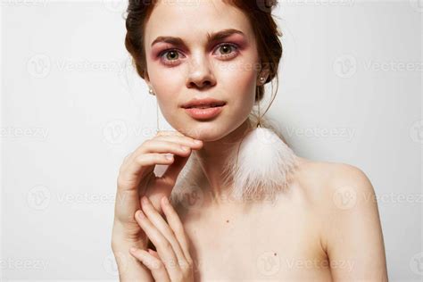 Glamorous Woman Bright Makeup Decoration Naked Shoulders Close Up