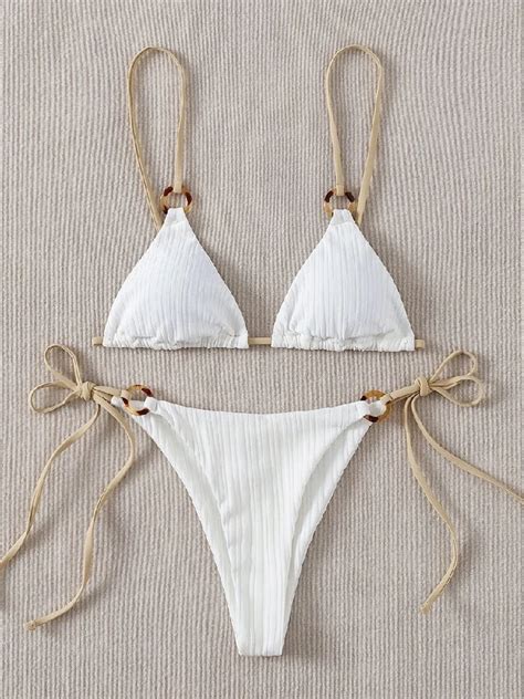 Sexy Bikini Set Cute White Plain Ring Linked Spaghetti Strap