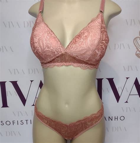 Lingerie conjunto de sutiã e calcinha Rosê renda bojo sem aro Viva Diva Lingeries