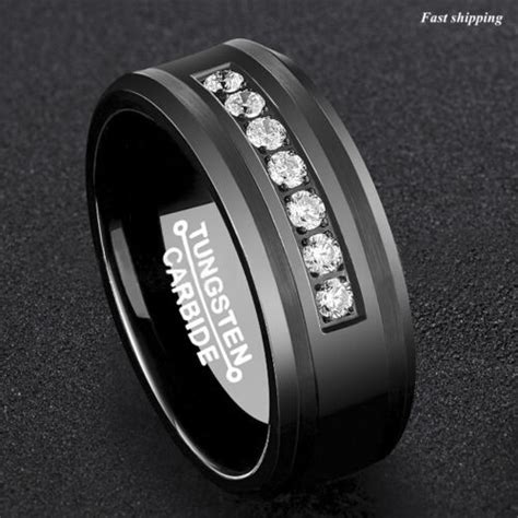 8mm Black Tungsten Carbide Ring Diamonds Inlay Comfort Fit Atop Men Wedding Band Ebay