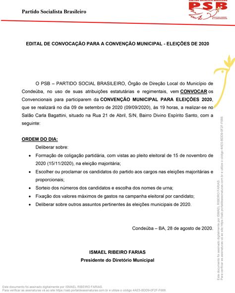 Edital de convocação para a convenção partidária do PSB Condeúba DdezDdez