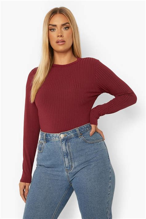 Womens Red Plus Rib Long Sleeve Top Boohoo Uk