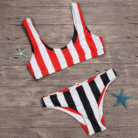 Midou Sexy Striped Swimwear Women Push Up Bikini Set Retro Striped