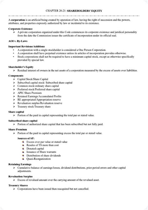 Chapter 20 -21 - Summary - CHAPTER 20-21: SHAREHOLDERS' EQUITY A