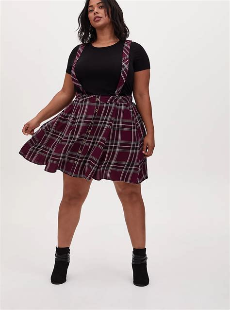 Plus Size Burgundy Purple Plaid Challis Button Front Suspender Skirt