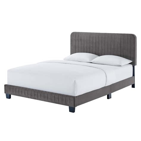 Tufted Platform Bed Frame Full Size Velvet Grey Gray Modern