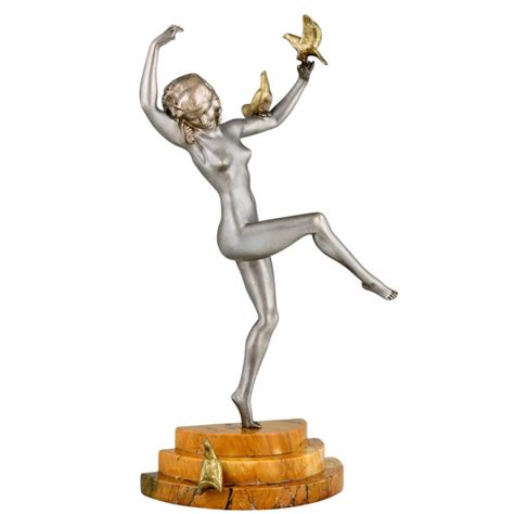 Art Deco Bronze Sculpture Of Dancing Nude With Birds Deconamic