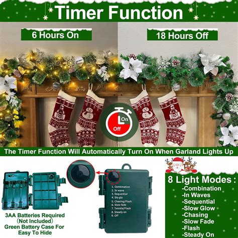 Ft Led Prelit Christmas Garland Decoration Lights Timer Mode