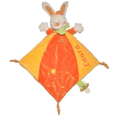 Doudou Personnalis Lapin Orange Et Jaune Avec Attache Sucette