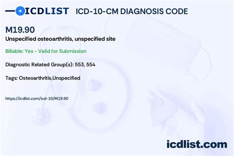 Icd 10 Cm Diagnosis Code M19 90 Unspecified Osteoarthritis Unspecified Site