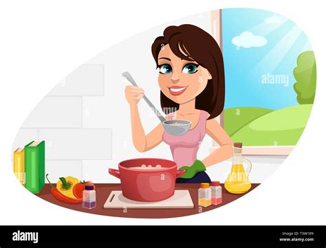 Beautiful Woman Cooking In Her Kitchen Cute Lady Cartoon Character