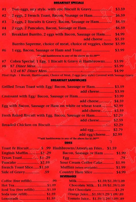 Menu at The 87 Diner restaurant, Boonville