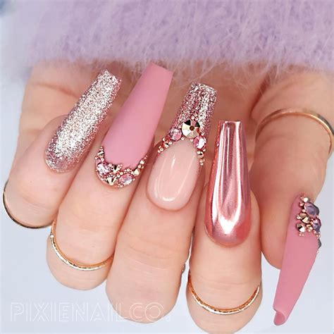 Press On Nails Matte Pink With Rose Gold Chrome And Swarovski Crystals