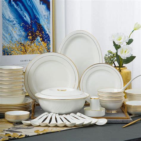 Luxury Wholesale Ceramic Tableware Plates 56pcs Set Bone China Gold