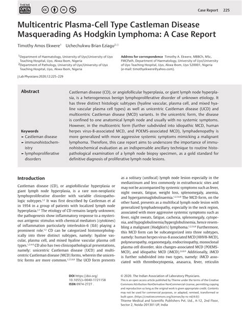 Pdf Multicentric Plasma Cell Type Castleman Disease Masquerading As Hodgkin Lymphoma A Case