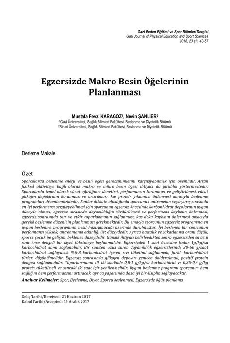 PDF Egzersizde Makro Besin Öğelerinin Planlanması