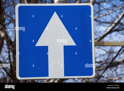 street road sign white arrow on a blue square. one-way traffic. traffic ...