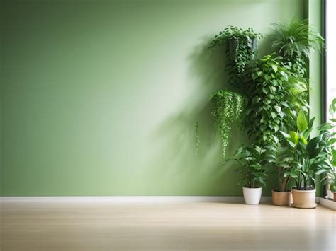 Habitación vacía de pared verde con plantas en un piso de madera