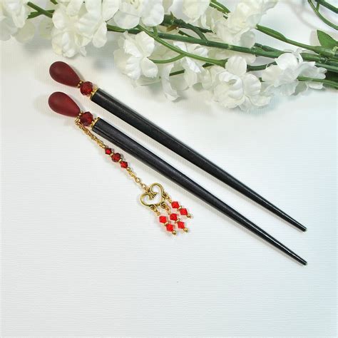 Pair of Red Geisha Hair Sticks, Pair of 5 inch Japanese Bun Pins ...